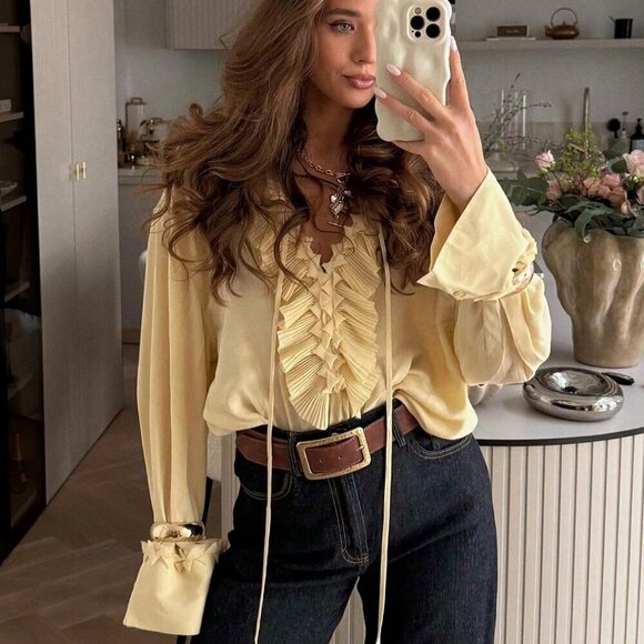 Tops - Yellow Casual Women's V-Neck Long Sleeve Blouse with Lace-Up Details